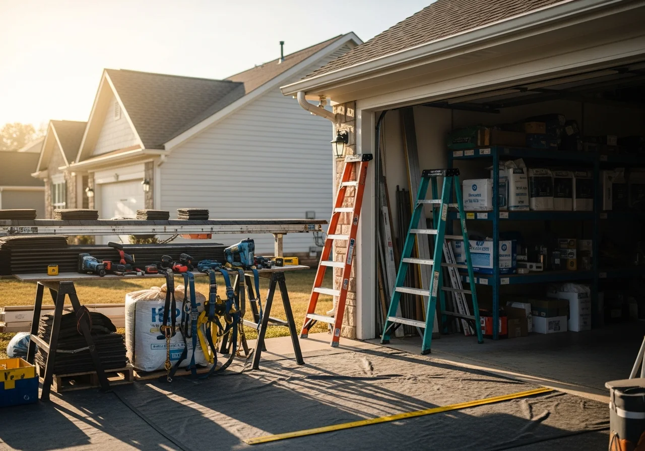 Roofing crew with tools and equipment ready for residential repair work on a home exterior.