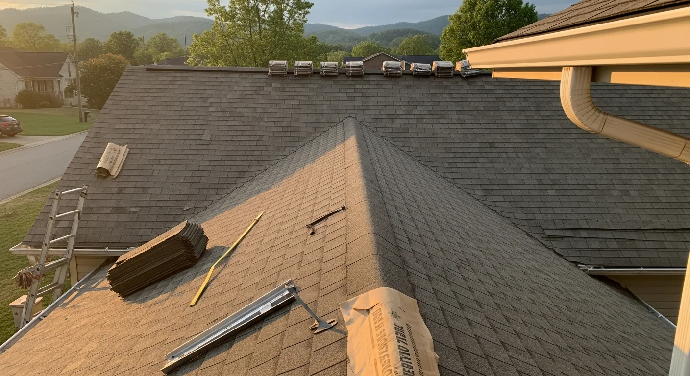 Professional roofer installing new roof shingles on residential home