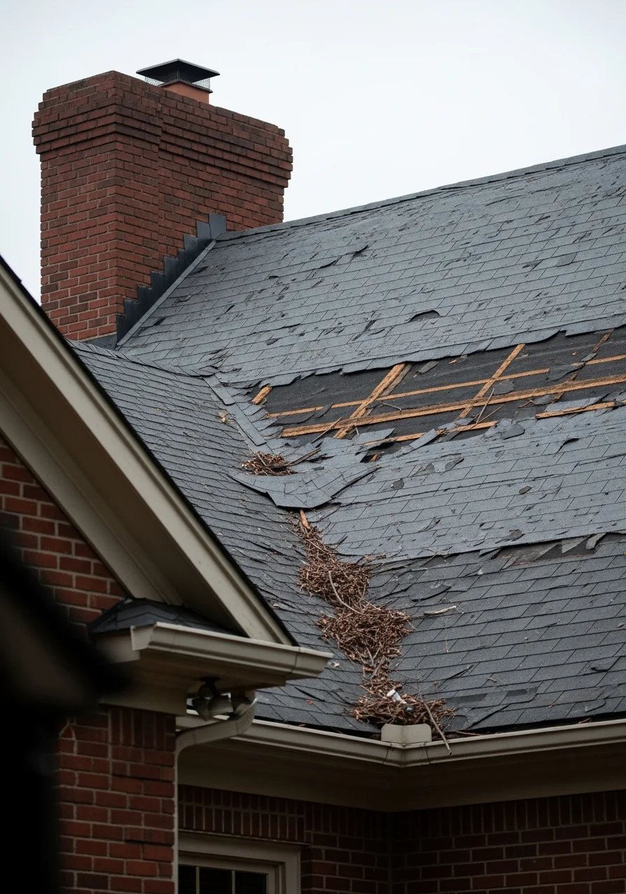 Storm damage to residential roof with missing shingles and exposed underlayment