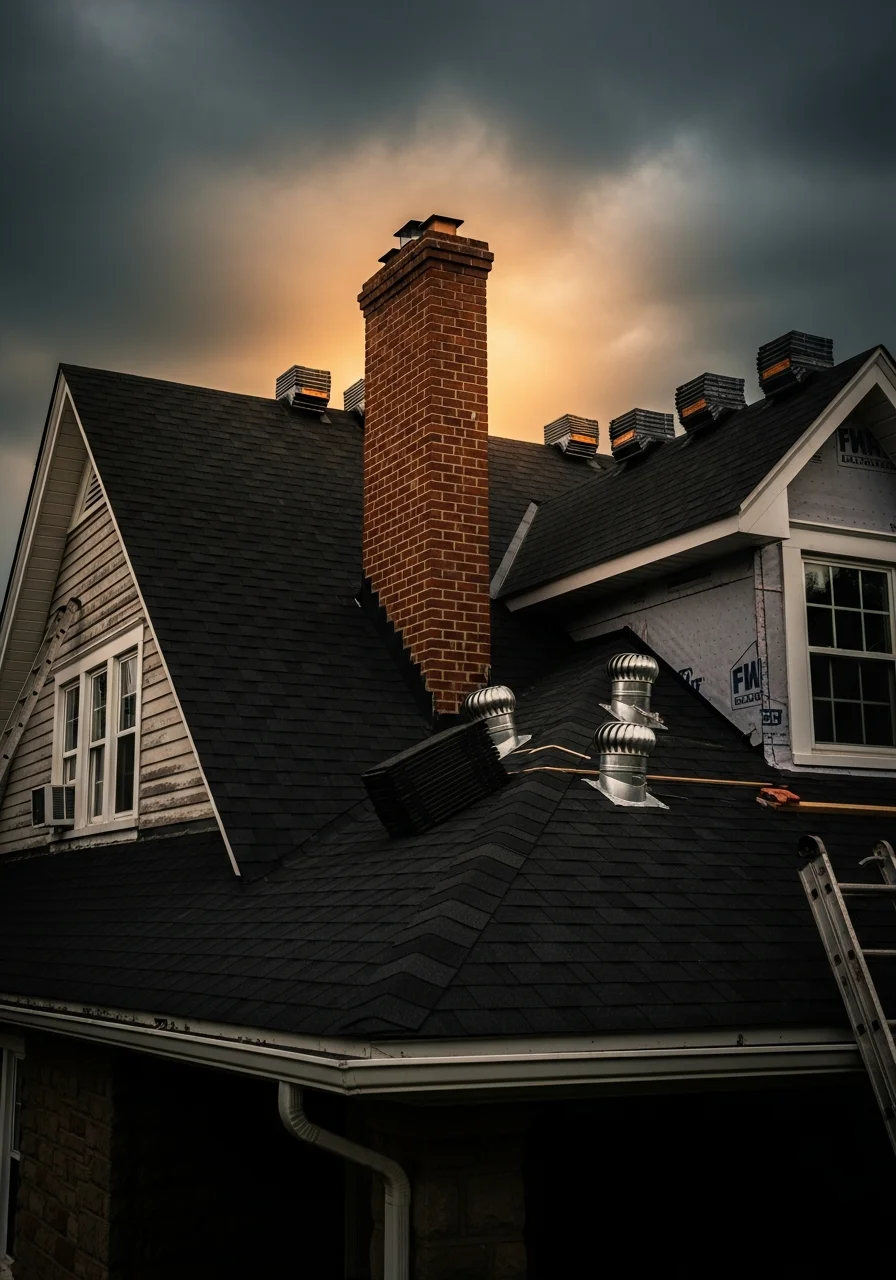 Residential roofing and gutter installation on Rogersville home with storm clouds