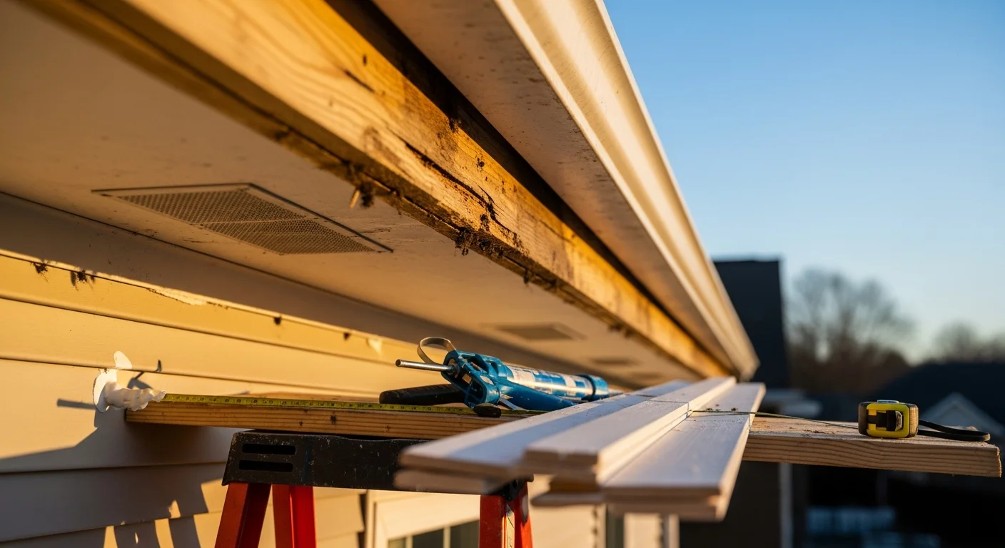 Close-up view of a repaired fascia board and soffit panel along the roofline of a single-story residential home in Kennewick, Washington. The finished repair shows flush, clean material with no visible gaps or rot, with gutters properly reattached to the fascia.