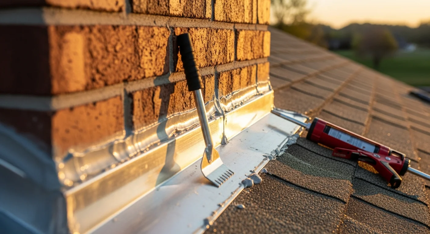 A contractor from Empire Roofing and Restoration repairing metal flashing around a chimney on a residential roof in the Tri-Cities, Washington. The surrounding roofline and clear Eastern Washington sky are visible in the background.