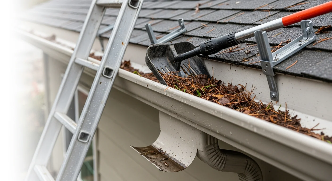 A technician from Empire Roofing and Restoration clearing packed leaf and debris buildup from a residential gutter on a single-story home in the Tri-Cities, Washington. Cleaned downspout visible at the corner of the house with dry desert landscaping in the background.