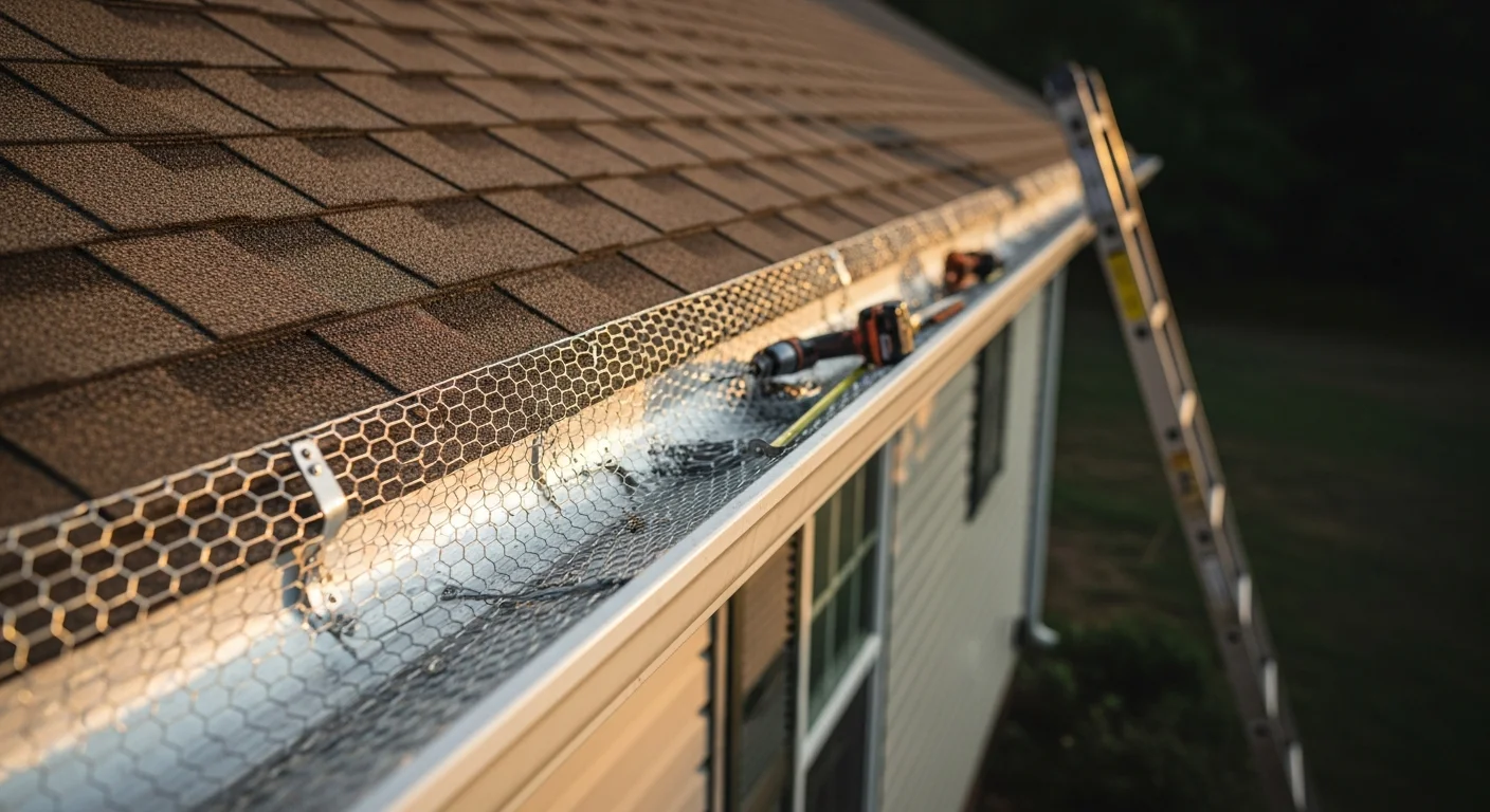 A close-up view of a freshly installed gutter guard system on a single-story residential home in the Tri-Cities, Washington, with a clear gutter channel visible beneath the mesh panel. Dry scrubland and a blue sky typical of the Eastern Washington landscape appear in the background.