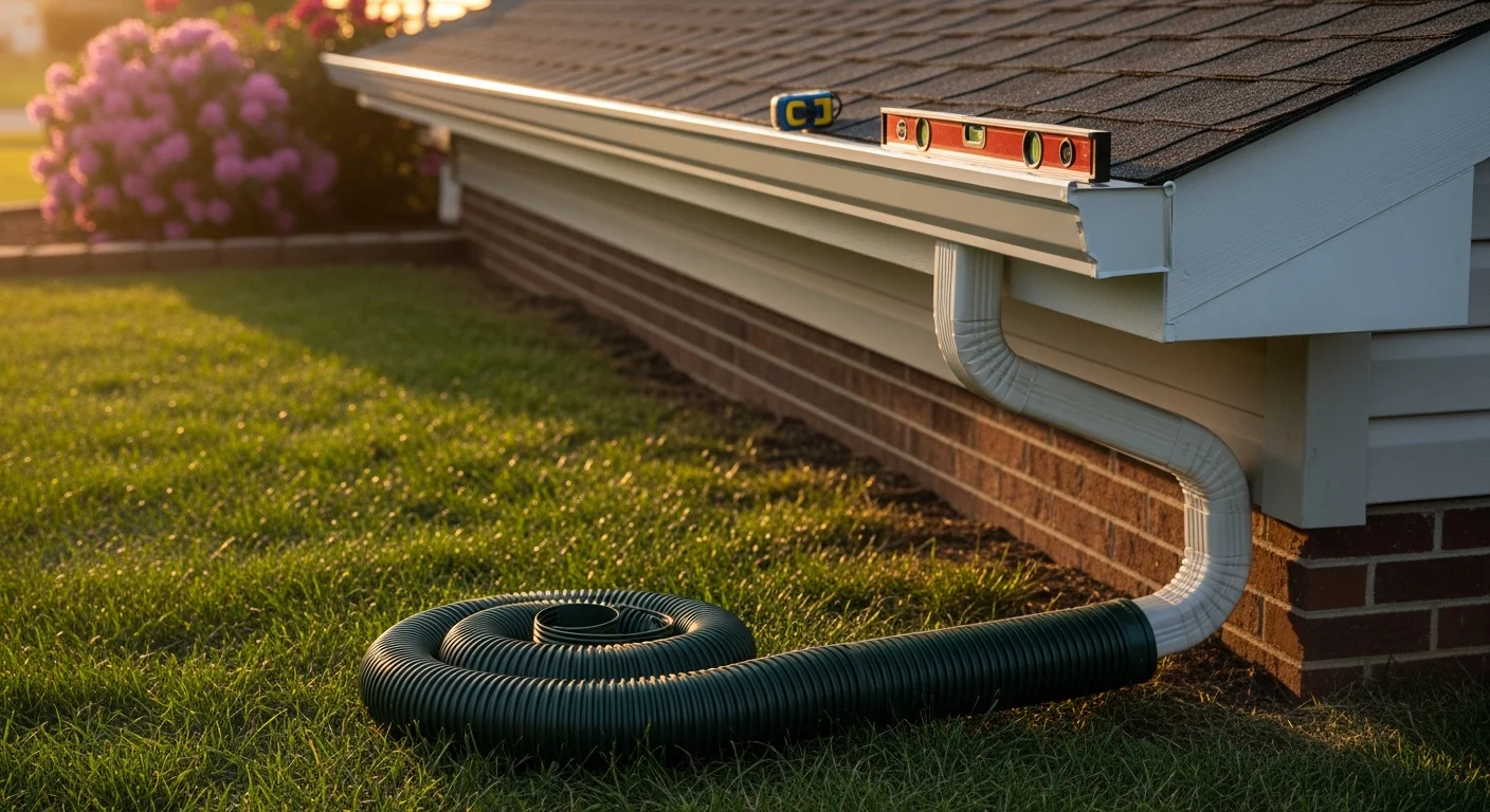 A newly installed gutter system running along the roofline of a single-story residential home in the Tri-Cities, Washington area. Downspouts are positioned at the corners of the home, directing water away from the foundation onto a gravel discharge area.