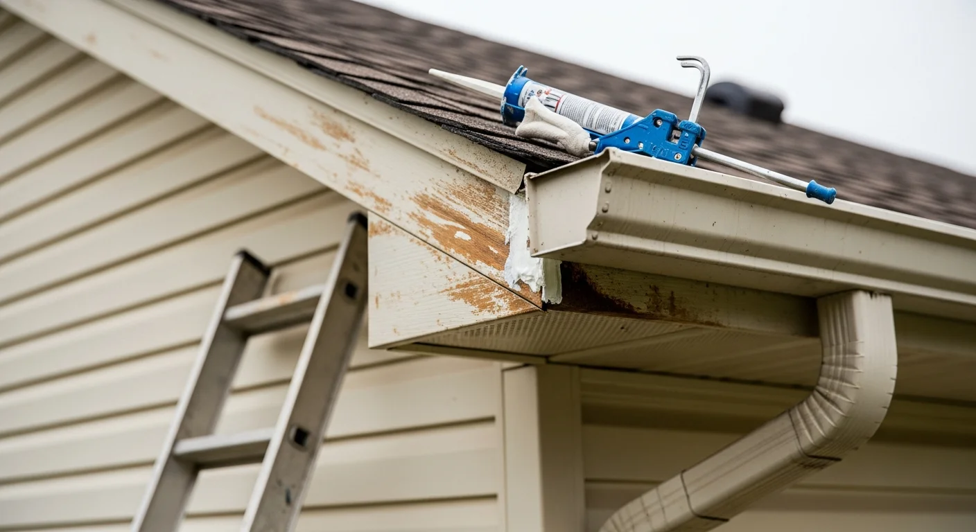 A gutter repair technician from Empire Roofing and Restoration resealing a leaking gutter joint on a single-story home in the Tri-Cities area. The repaired section shows clean sealant applied along the seam with a downspout visible below directing water away from the foundation.