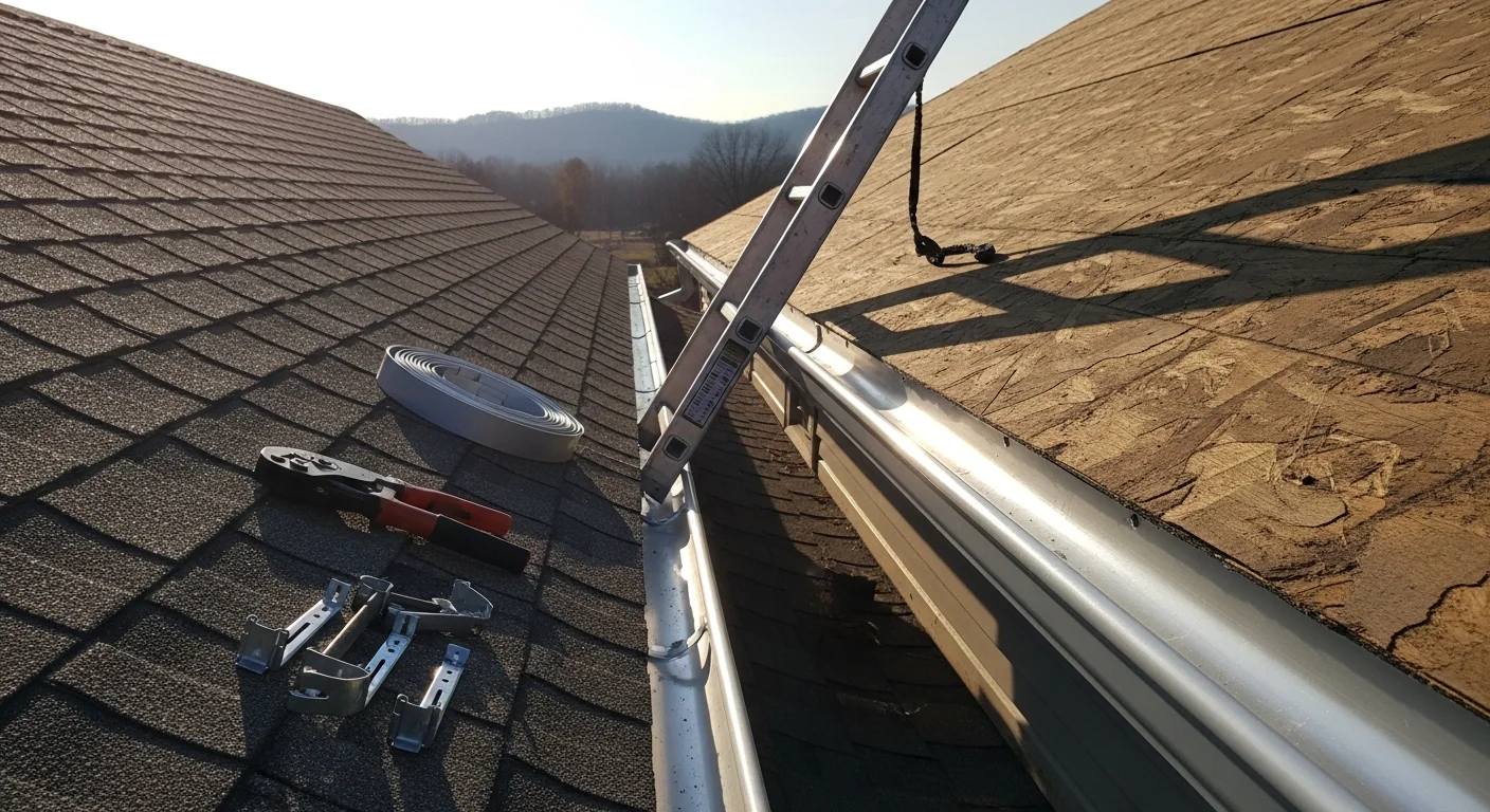 New gutters installed along the roofline of a single-story residential home in the Tri-Cities area of Washington. Downspouts run cleanly along the exterior wall, directing water away from the foundation.