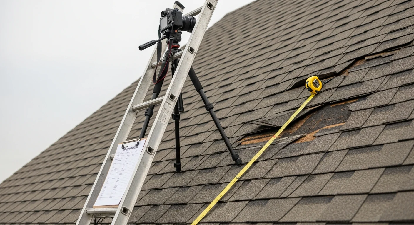 Empire Roofing and Restoration contractor inspecting storm-damaged roof shingles on a residential home in the Tri-Cities, Washington area. Close-up view showing wind-lifted shingles and hail impact marks documented for an insurance claim.