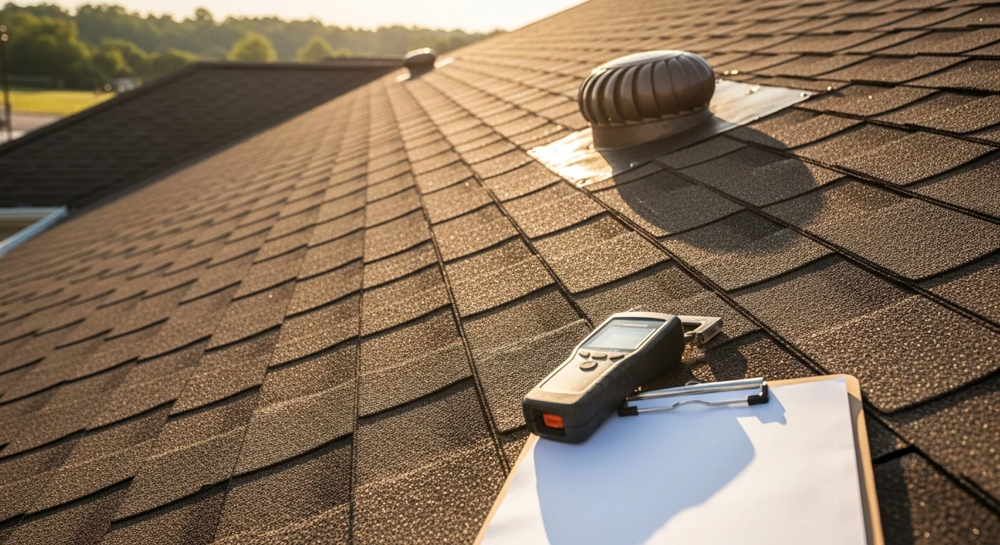 A roofing contractor from Empire Roofing and Restoration inspecting shingles and flashing on a residential roof in the Tri-Cities, Washington. The inspector examines the roof surface up close on a clear day with the Columbia Basin landscape visible in the background.