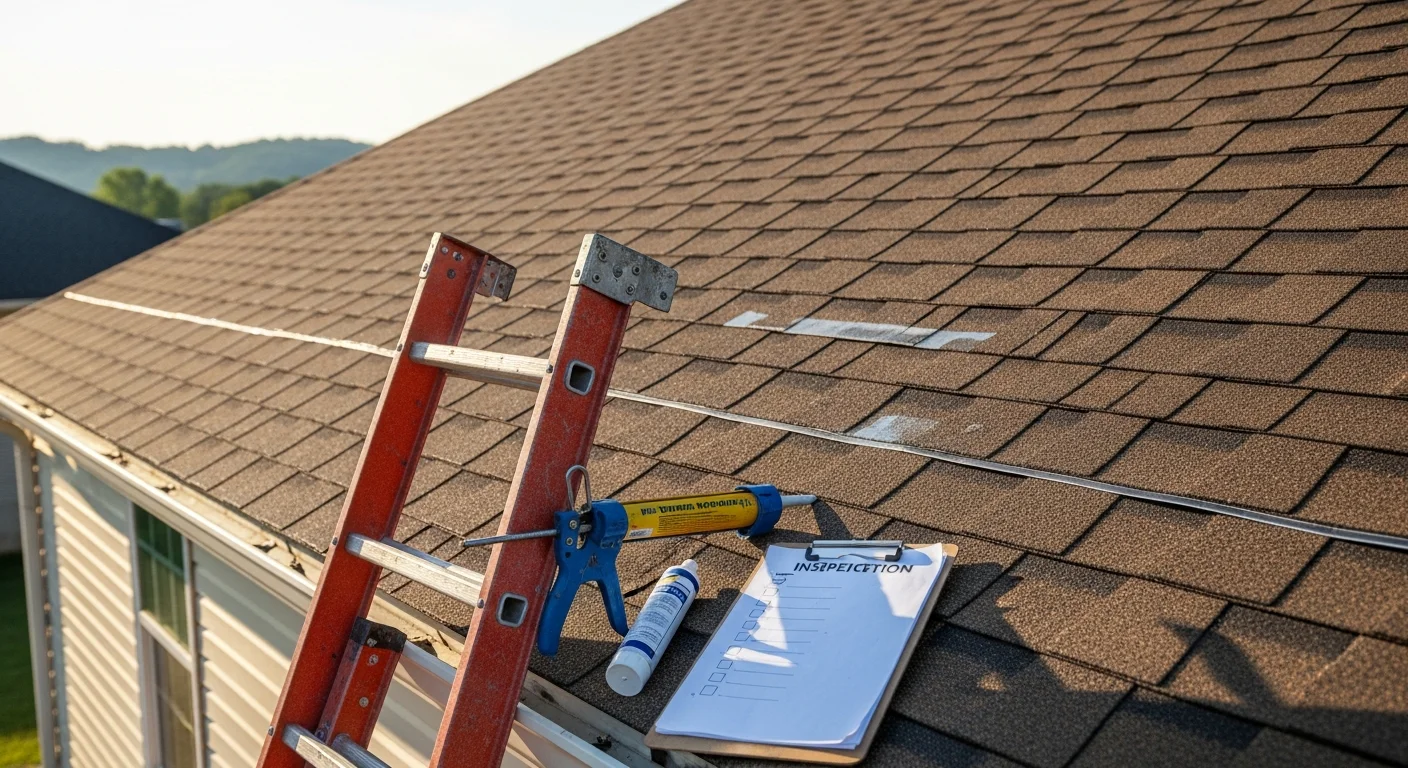 A roofing contractor from Empire Roofing and Restoration inspecting shingles and flashing on a residential roof in the Tri-Cities area of Washington State. The image shows a sun-exposed roofline with a technician checking vent and flashing condition on a clear day.