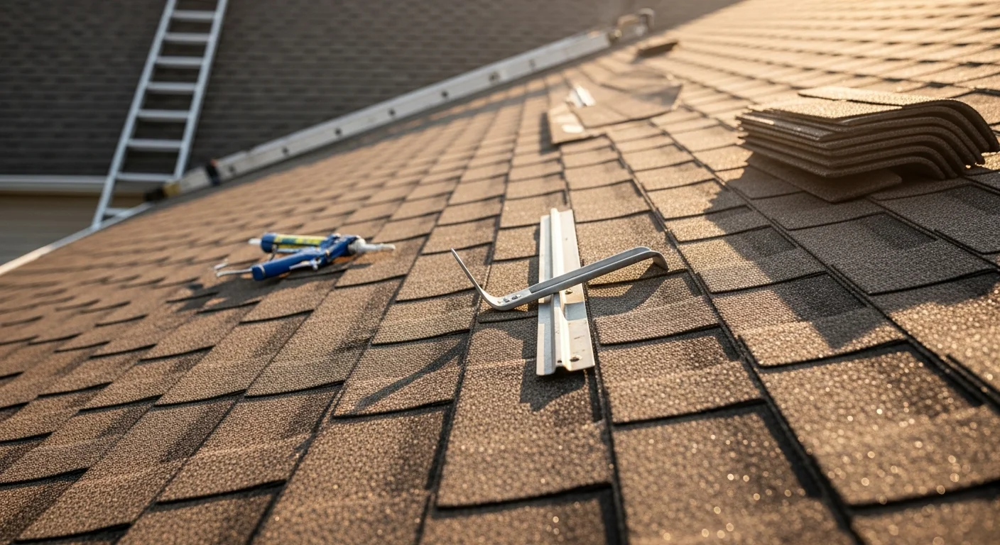 A roofing contractor from Empire Roofing and Restoration repairing wind-damaged shingles on a residential home in the Tri-Cities, Washington. Close-up view shows replaced shingles and sealed flashing on a sun-exposed roof deck in Kennewick.