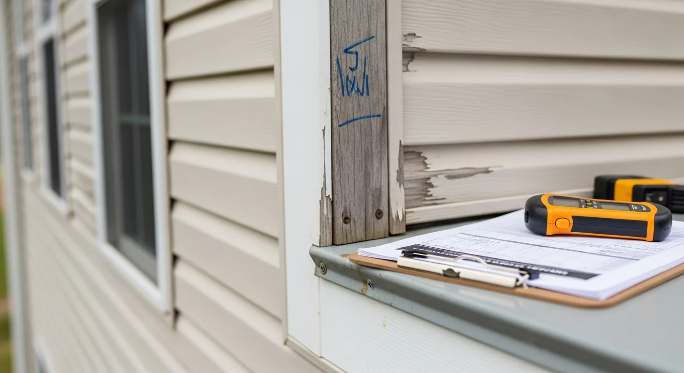 A siding contractor from Empire Roofing and Restoration inspecting exterior wall panels on a single-family home in the Tri-Cities, Washington. Close-up view shows a gloved hand checking a panel seam near a window trim for gaps and wear.
