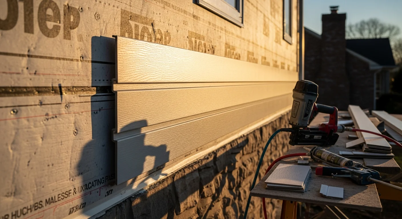 Freshly installed siding on a single-story residential home in the Tri-Cities area of Eastern Washington. The exterior shows clean panel lines and finished corner trim against a clear Columbia Basin sky.