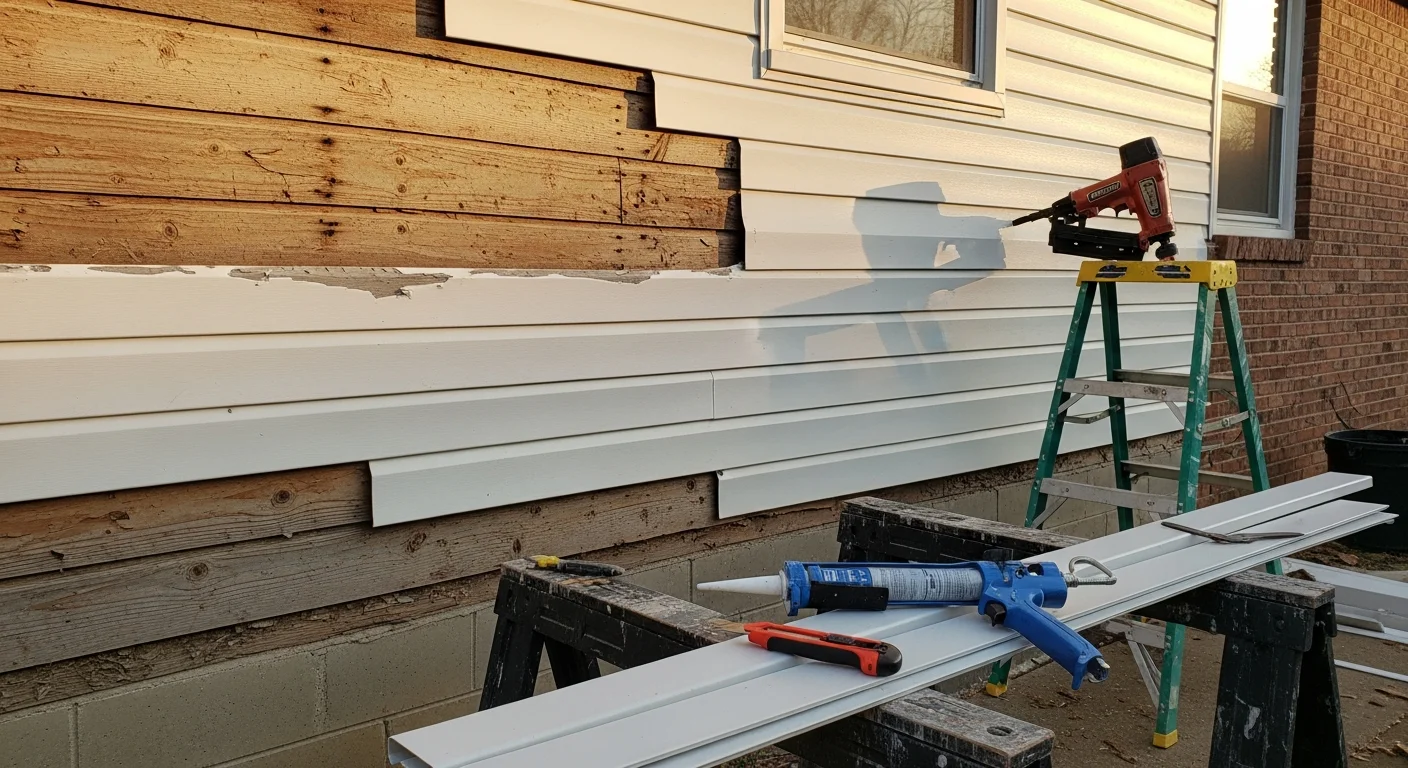 A repaired section of residential siding on a single-family home in Kennewick, Washington, showing flush, intact panels with no visible gaps or warping. The exterior wall faces a clear Eastern Washington sky with the surrounding neighborhood visible in the background.