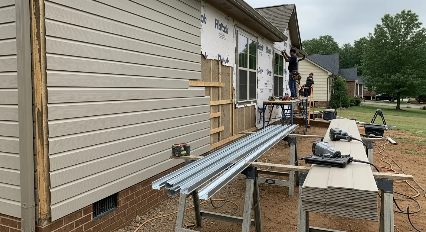 Freshly installed exterior siding on a single-family home in the Tri-Cities, Washington, showing clean panel lines and tight seams along the front and side walls. The completed replacement is photographed against a clear Eastern Washington sky with the home's roofline and foundation visible.