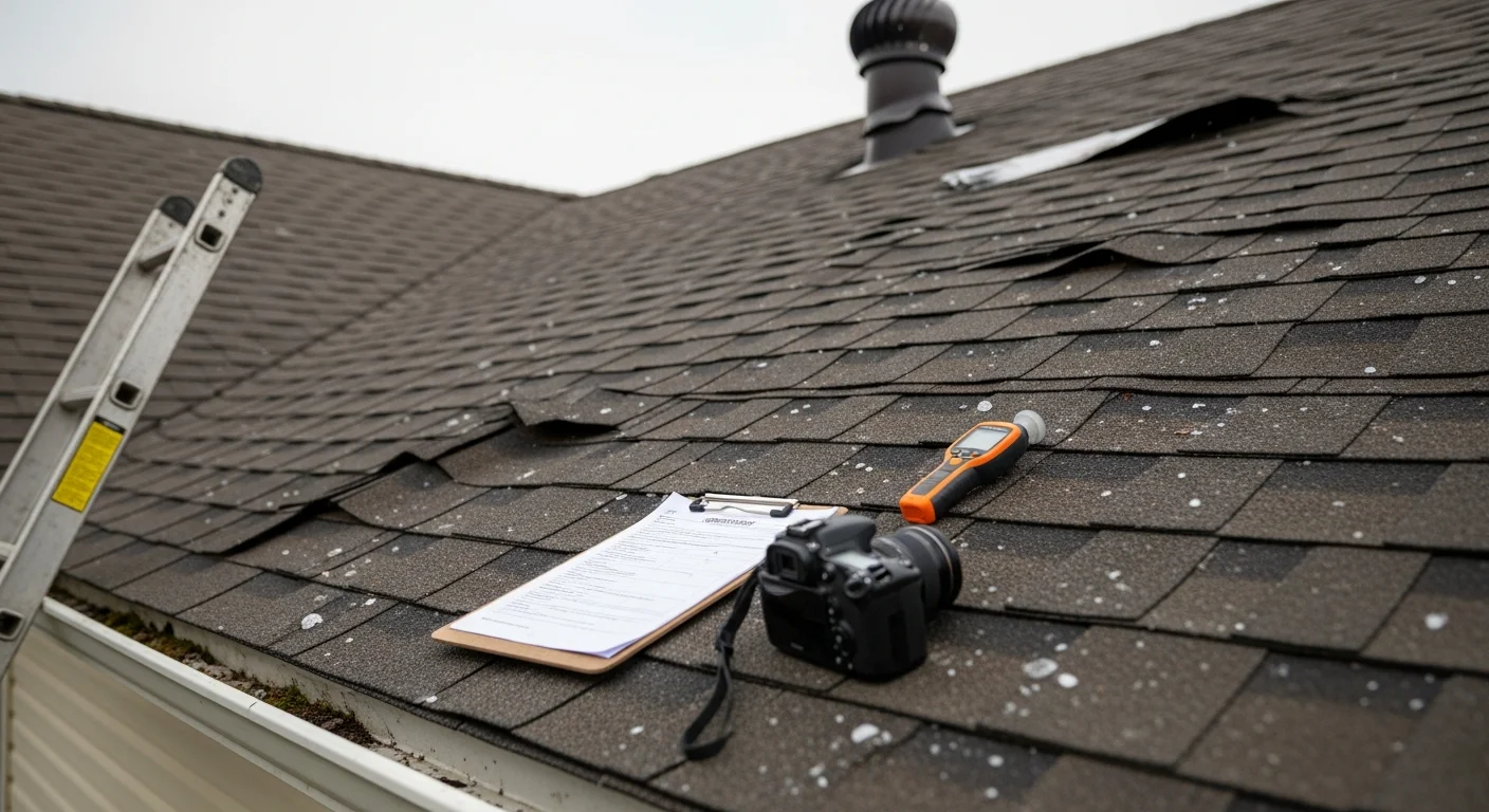 A contractor from Empire Roofing and Restoration inspecting a residential roof in the Tri-Cities area of Washington after a windstorm, with visible shingle damage and lifted flashing along the roofline. Close-up view of a damaged roof section in Kennewick showing granule loss and displaced shingles consistent with storm impact.
