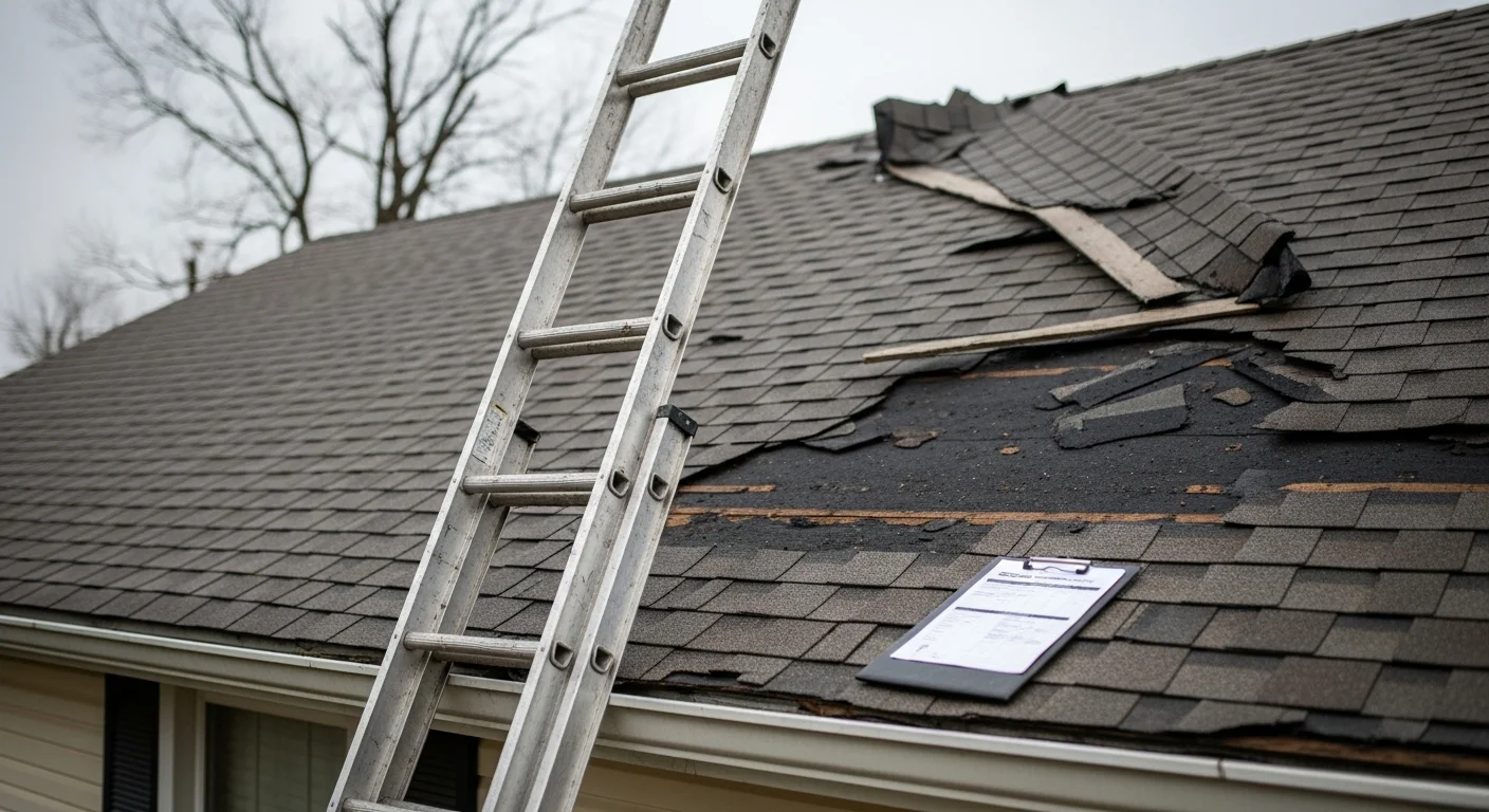 A residential roof in the Tri-Cities area of Eastern Washington showing missing shingles and granule loss after a hail and windstorm event. An Empire Roofing and Restoration crew member inspects the damaged sections from a ladder in Kennewick.