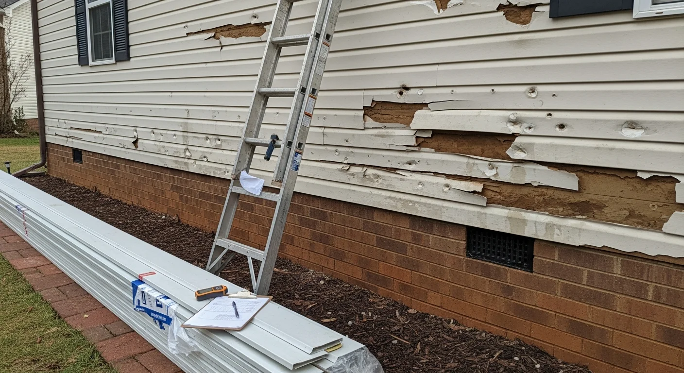A Tri-Cities home exterior showing storm-damaged siding panels being replaced by a contractor. Cracked and displaced sections are visible alongside new matching panels being installed on the sidewall.